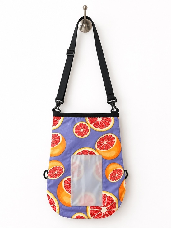 Handbags - Crossbody Water Bottle Pouch Bag in Purple with Citrus Print